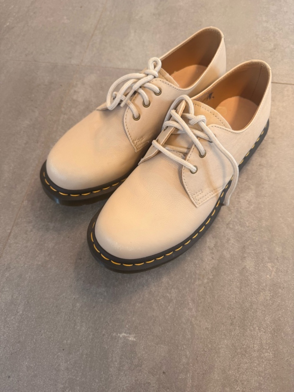 Dr. Martens Cream Lace-Up Derby with Black Sole and Yellow Stitching
